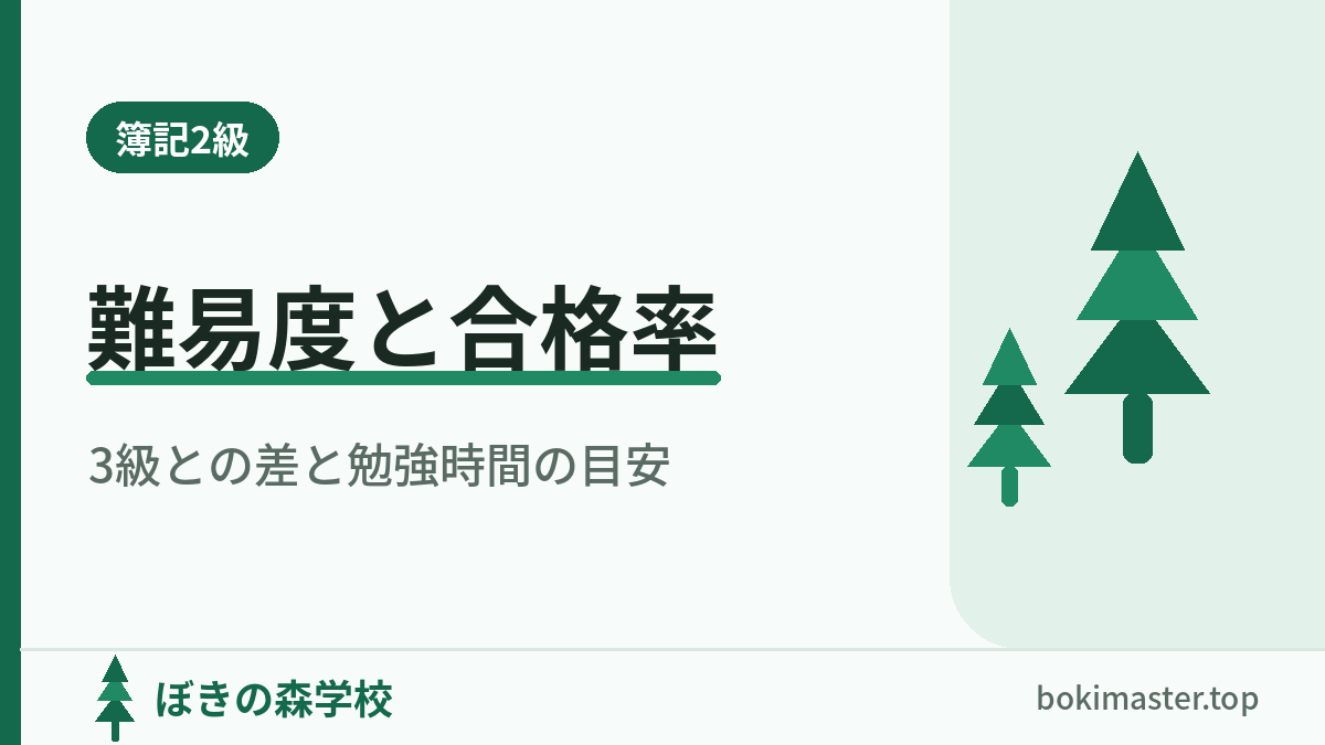 簿記2級の難易度と合格率、3級との差と勉強時間の目安と書かれたアイキャッチ画像