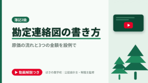 勘定連絡図の書き方、原価の流れと3つの金額を設例でと書かれた「簿記2級」の記事のアイキャッチ画像（動画解説つき）
