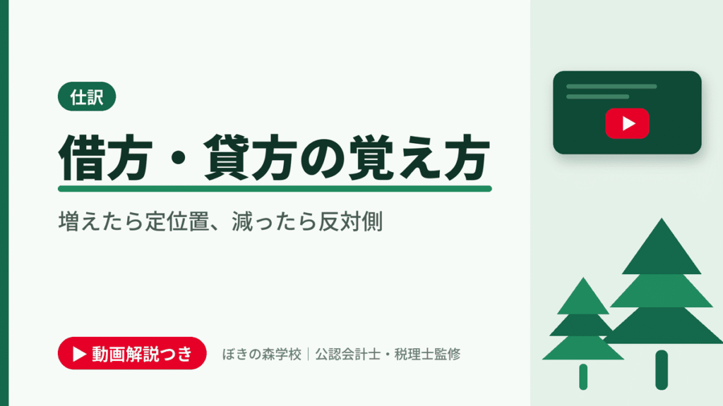 借方・貸方の覚え方、増えたら定位置、減ったら反対側と書かれた「仕訳」の記事のアイキャッチ画像（動画解説つき）